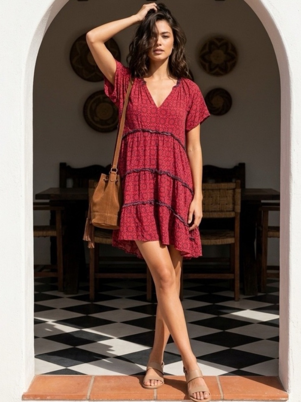 Anthropologie Robin Tiered Pattern Mini Dress Red